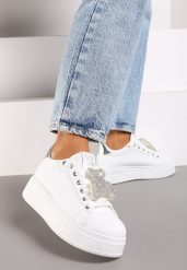 Biało-Srebrne Sneakersy Ozdobione Brokatowym Misiem Nevithaya. Białe obuwie sportowe damskie Renee, z jeansu, bez zapięcia. Za 89.99 zł.