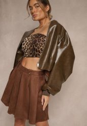 Brązowa Rozkloszowana Spódnica z Ekozamszu z Plisami w Stylu Preppy Sealia. Brązowe spódnice damskie Renee, do pracy, l, bez wzorów, biznesowe, mini. Za 89.99 zł.