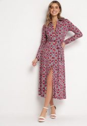 Czerwono-Biała Taliowana Sukienka Maxi z Materiałowym Paskiem w Geometryczny Print Filint. Niebieskie sukienki damskie Born2be, bez wzorów, z materiału, bez ramiączek. W wyprzedaży za 169.99 zł.