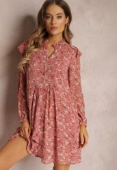 Różowa Sukienka Rozkloszowana w Kwiaty Keilana. Czerwone sukienki damskie Renee, bez wzorów, z tkaniny, klasyczne, bez ramiączek. W wyprzedaży za 83.99 zł.