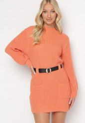 Pomarańczowa Dzianinowa Sukienka Mini w Prążki z Paskiem Milane. Brązowe sukienki damskie Born2be, bez wzorów, z dzianiny, bez ramiączek. W wyprzedaży za 79.99 zł.