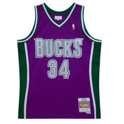 Koszulka NBA Milwaukee Bucks Ray Allen 2001/02. Fioletowe koszulki damskie Mitchell & Ness, bez wzorów, bez kołnierzyka, bez ramiączek. Za 517.00 zł.