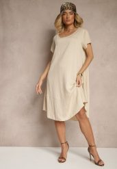 Beżowa Sukienka z Wiskozy o Rozkloszowanym Kroju Irisena. Brązowe sukienki damskie Renee, bez wzorów, z jeansu, eleganckie, bez ramiączek. W wyprzedaży za 55.99 zł.