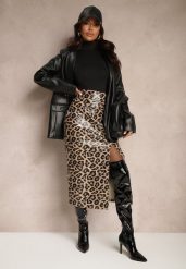 Brązowa Ołówkowa Spódnica High Waist w Panterkę z Rozcięciem Tamionwea. Brązowe spódnice damskie Renee, na co dzień, l, bez wzorów, eleganckie, midi. Za 139.99 zł.