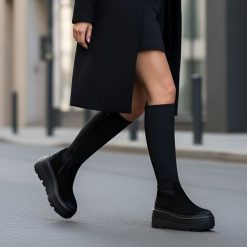 Kozaki damskie CheBello, eleganckie ze skóry i na grubej wysokiej platformie, czarne, 4741-034-415-MIC-S332. Czarne kozaki damskie CheBello, ze skóry, przed kolano, bez obcasa, na platformie, bez zapięcia. Za 552.99 zł.