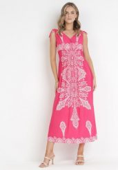 Fuksjowa Sukienka w Stylu Boho z Gumką w Talii i Sznurkami przy Ramionach Niree. Czerwone sukienki damskie Born2be, bez wzorów, boho, bez ramiączek. Za 99.99 zł.