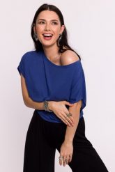 Niebieska Nietoperzowa Bluzka z Wizkozy. Niebieskie bluzki damskie MOE, l, bez wzorów, z elastanu, wizytowe, bez kołnierzyka, bez ramiączek. Za 179.90 zł.