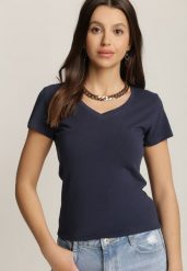 Granatowy T-shirt Mirasura. Niebieskie t-shirty damskie Renee, l, bez wzorów, z dzianiny, bez kołnierzyka. Za 19.99 zł.