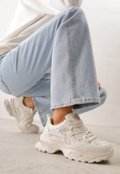 Beżowe Sneakersy na Platformie Ozdobione Cyrkoniami i Koronką Antea. Brązowe obuwie sportowe damskie Renee, z koronki, bez zapięcia. Za 109.99 zł.