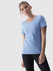 4F T-shirt slim gładki damski - niebieski S. Niebieskie t-shirty damskie 4F, s, bez wzorów, z bawełny, bez kołnierzyka. W wyprzedaży za 29.99 zł.