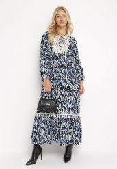 Granatowo-Niebieska Rozkloszowana Sukienka Maxi z Falbanką Tinamessa. Niebieskie sukienki damskie Born2be, bez wzorów, z materiału, bez ramiączek. W wyprzedaży za 118.99 zł.