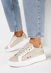 Beżowe Sneakersy przed Kostkę na Grubej Podeszwie z Metalicznymi Wstawkami Aglimria. Brązowe obuwie sportowe damskie Born2be, przed kostkę, bez zapięcia. Za 89.99 zł.