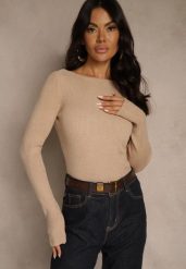 Beżowy Sweter z Wiskozą Ozdobiony Metaliczną Nitką Liatolla. Brązowe swetry klasyczne damskie Renee, s, z jeansu, bez kołnierzyka. Za 79.99 zł.