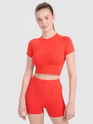 4F Crop-top treningowy slim bezszwowy damski - czerwony XS/S. Czerwone koszulki sportowe damskie 4F, s, bez wzorów, z dzianiny, bez ramiączek, do biegania. W wyprzedaży za 39.99 zł.