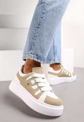 Ciemnobeżowe Sneakersy na Platformie z Szerokim Sznurowaniem Aklilu. Brązowe obuwie sportowe damskie Renee, z jeansu, bez zapięcia. Za 79.99 zł.