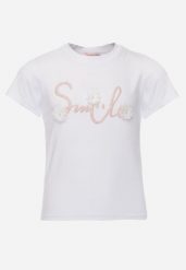 Biała Bawełniana Koszulka T-shirt z Brokatowym Napisem i Kwiatami 3D Azavia. Białe koszulki i t-shirty dziewczęce Born2be, z aplikacjami, z bawełny, bez kołnierzyka, bez ramiączek. Za 29.99 zł.