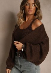 Brązowy Niezapinany Kardigan z Wełną i Wiskozą z Dołączonym Topem Belvane. Brązowe kardigany damskie Renee, s, bez wzorów, z dzianiny. Za 169.99 zł.