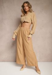 Ciemnobeżowe Spodnie Typu Palazzo High Waist o Szerokim Kroju Arathira. Brązowe spodnie materiałowe damskie Renee, bez wzorów, z jeansu. Za 39.99 zł.