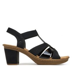 Sandały Rieker. Czarne sandały damskie Rieker, bez wzorów, bez obcasa, na słupku, bez zapięcia. Za 299.99 zł.