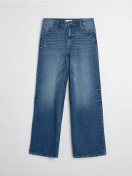 Jeansy wide leg z efektem sprania - granatowy. Niebieskie jeansy damskie Sinsay. Za 69.99 zł.
