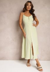 Zielona Taliowana Sukienka na Guziki na Ramiączkach z Regulacją Quafea. Zielone sukienki damskie Renee, bez wzorów, eleganckie, bez ramiączek. W wyprzedaży za 67.99 zł.