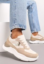 Ciemnobeżowe Sneakersy na Grubej Podeszwie z Ozdobnymi Wstawkami Alechan. Brązowe obuwie sportowe damskie Renee, z jeansu, bez zapięcia. Za 99.99 zł.