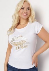 Biały T-shirt z Metalicznym Złotym Nadrukiem Slay Khaji. Białe t-shirty damskie Born2be, xl, bez wzorów, bez kołnierzyka. Za 49.99 zł.