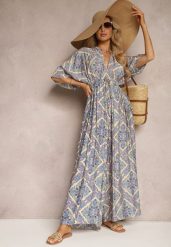 Niebieski Boho Kombinezon z Wiązaniem na Plecach z Gumką w Pasie i Długimi Nogawkami Sopolia. Niebieskie sukienki damskie Renee, bez wzorów, boho, bez ramiączek. W wyprzedaży za 56.99 zł.
