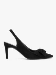 Welurowe czółenka typu slingback z kokardą. Czarne czółenka damskie Brawo sp. z o.o., bez wzorów, z gumy, bez obcasa, na szpilce. Za 379.99 zł.
