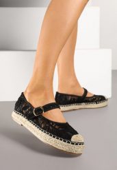 Czarne Espadryle na Plecionej Podeszwie z Paskiem i Koronkową Cholewką Tatonia. Czarne espadryle damskie Renee, bez wzorów, z koronki, bez obcasa. Za 69.99 zł.