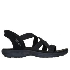 Sandały damskie Skechers Reggae Slim Stretch Flex. Czarne sandały damskie Skechers, bez wzorów, z materiału, bez obcasa, bez zapięcia. Za 299.99 zł.