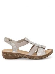 Rieker Sandały 62850-90 Beżowy. Brązowe sandały damskie Rieker, bez wzorów, z syntetyku, bez obcasa, na płaskiej podeszwie, bez zapięcia. Za 289.99 zł.