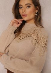 Beżowy Sweter Dzianinowy z Wstawką z Koronki Laroline. Brązowe swetry klasyczne damskie Renee, z dzianiny, bez kołnierzyka. Za 159.99 zł.