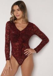 Bordowe Koronkowe Body z Falbanką Vidane. Czerwone body i gorsety Born2be, z aplikacjami, z jeansu. Za 99.99 zł.