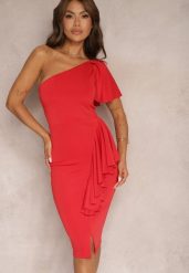 Czerwona Asymetryczna Sukienka Bodycon z Falbanami na Jedno Ramię Imelia. Czerwone sukienki damskie Renee, bez wzorów, bez ramiączek. W wyprzedaży za 83.99 zł.