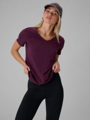 4F T-shirt regular gładki damski - fioletowy XS. Fioletowe t-shirty damskie 4F, xs, bez wzorów, z bawełny, bez kołnierzyka. Za 59.99 zł.