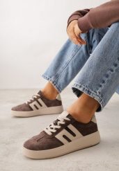 Brązowe Skórzane Sneakersy na Kauczukowej Podeszwie z Geometrycznym Motywem Shytyse. Brązowe obuwie sportowe damskie Born2be, z dresówki, bez zapięcia. Za 199.99 zł.