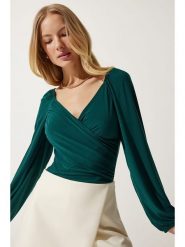 Happiness Istanbul Bluzka w kolorze zielonym rozmiar: 36. Zielone bluzki damskie Happiness Istanbul, bez wzorów, bez kołnierzyka, bez ramiączek. Za 87.19 zł.