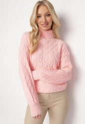 Różowy Sweter z Golfem w Warkoczowy Splot ze Ściągaczami Maraiwai. Czerwone golfy damskie Born2be, na jesień, ze splotem, bez kołnierzyka. Za 109.99 zł.