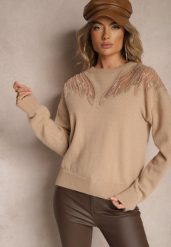Ciemnobeżowy Sweter Ozdobiony Koralikami Cekinami Perełkami i Siateczkowymi Wstawkami Evathraea. Brązowe swetry klasyczne damskie Renee, l, bez kołnierzyka. Za 119.99 zł.
