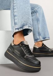 Czarne Sneakersy na Grubej Podeszwie z Napisem i Brokatem Odivena. Czarne obuwie sportowe damskie Born2be, z jeansu, bez zapięcia. Za 89.99 zł.