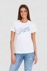 GUESS Biały T-shirt STONES&EMBRO TEE. Białe t-shirty damskie Guess, s, z aplikacjami, bez kołnierzyka. W wyprzedaży za 202.99 zł.