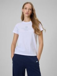 4F T-shirt regular z nadrukiem damski - biały M. Białe t-shirty damskie 4F, m, bez wzorów, z dzianiny, bez kołnierzyka. Za 59.99 zł.