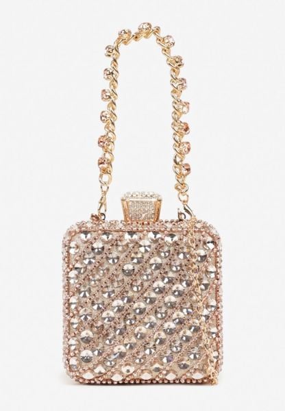 Szampańska Torebka Kopertówka Vices z Odpinanym Łańcuszkiem Zdobiona Cyrkoniami Fesollia. Żółte torebki klasyczne damskie Renee, z satyny, na ramię, małe, zdobione, bez dodatków. Za 89.99 zł.