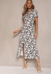 Czarno-Biała Sukienka z Wiskozą o Koszulowym Kroju z Geometrycznym Wzorem Saravione. Czarne sukienki damskie Renee, bez wzorów, z wiskozy, eleganckie, bez ramiączek. W wyprzedaży za 143.99 zł.