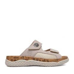 Klapki Rieker. Brązowe klapki damskie Rieker, bez wzorów, bez obcasa, bez zapięcia. Za 349.99 zł.