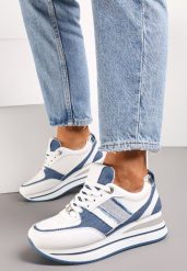 Biało-Niebieskie Sneakersy z Ekoskóry z Ozdobnymi Wstawkami i Grubą Podeszwą Amifa. Białe obuwie sportowe damskie Renee, bez zapięcia. Za 139.99 zł.