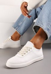 Biało-Beżowe Płaskie Sznurowane Tenisówki przed Kostkę Ozdobione Perforacją Serettia. Białe obuwie sportowe casual damskie Renee, bez zapięcia. Za 39.99 zł.