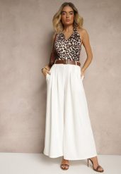 Białe Spodnie o Szerokim Kroju High Waist Ozdobione Paskiem Rasalle. Białe spodnie materiałowe damskie Renee, z aplikacjami, z jeansu. Za 74.99 zł.