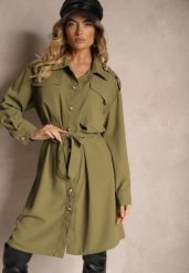 Zielona Sukienka o Koszulowym Kroju z Paskiem i Eleganckimi Guzikami Torlina. Zielone sukienki damskie Renee, bez wzorów, biznesowe, bez ramiączek. Za 119.99 zł.